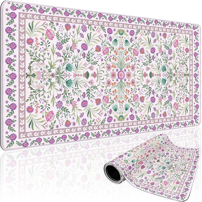 Purple Floral Desk Mat, 31.5"x15.7" Large Mouse Pad, Anti-Slip Rubber Base by Mcapirivo