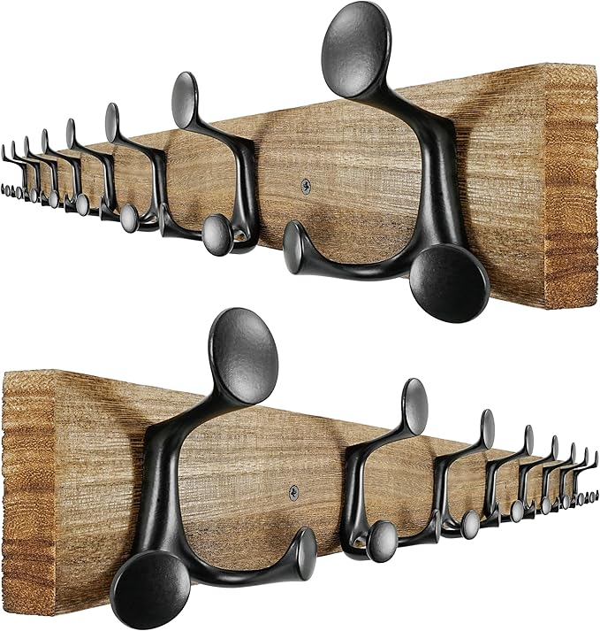 SKOLOO 43-Inch Wood Burnt Coat Rack Wall Mount with 8 Triple Hooks - Ideal for Family Entrances, Classrooms, and Pet Supplies Storage - Perfect Coat Hooks for Wall, Pack of 2-DeskLoop Office