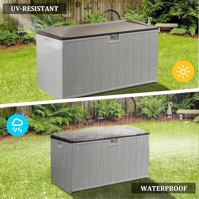 110 Gallon Pro Outdoor Storage Box Waterproof Lockable Deck Box Large, Patio Storage Bin for Pool Accessories Cushion Furniture, Garden Tools, UV-Resistant Outside Delivery, Grayish Brown-DeskLoop Office