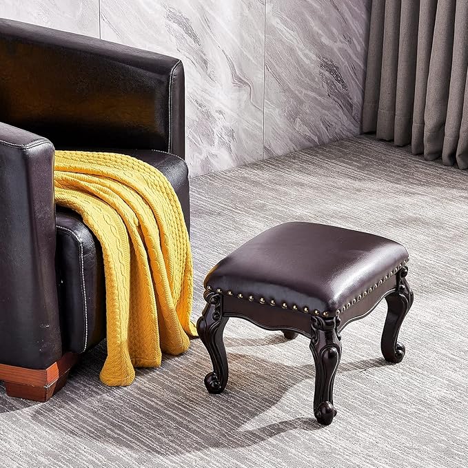 Foot Stool Ottoman Foot Rest Microfiber Leather Upholstered Footstool for Sofa, Living Room, Entryway, Solid Wood Stool (Black Brown)-DeskLoop Office