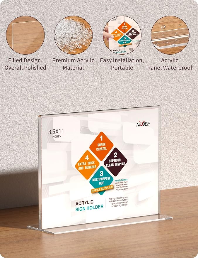 NIUBEE Acrylic Sign Holder 8.5x11 Inches 3 Pack Horizontal, T Shape Double - Image 3