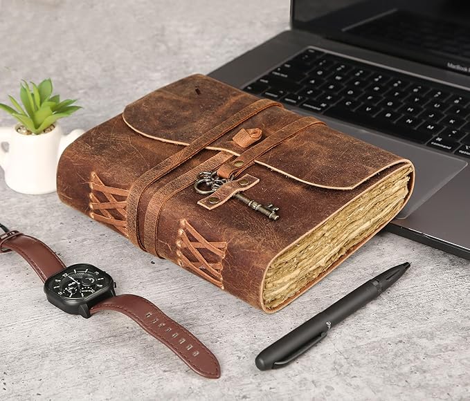 Leather Journal with Deckle Edge Paper 8x6 inch and Vintage Key | Handmade - Image 4