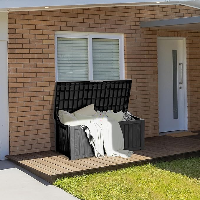 150 Gallon Lockable Resin Deck Box, Waterproof & UV-Resistant Outdoor Storage Box for Outdoor Cushion Storage, Garden Tools & Pool Accessories Storage, Black-DeskLoop Office