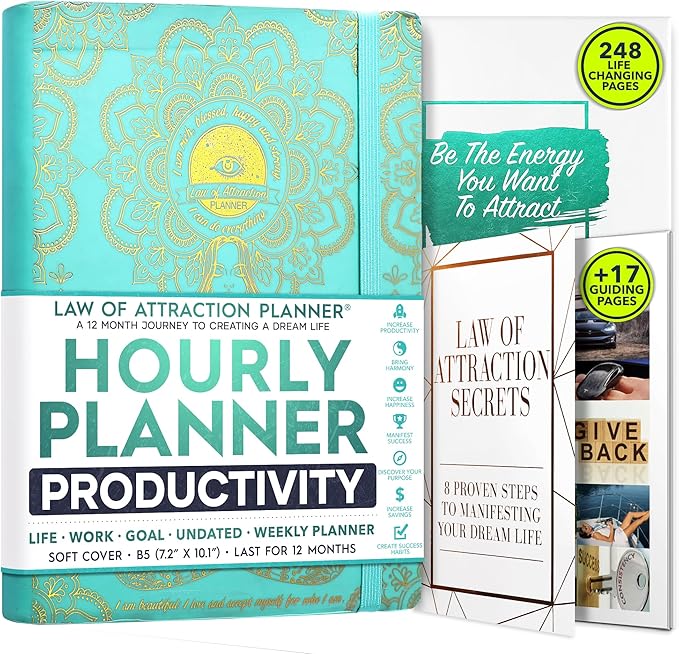 Hourly Planner – Undated Weekly & Monthly Goal Setting Planner, 12-Month to Increase Productivity | Life & Gratitude Journal, Include Foldable Vision Board, Gift Box & Stickers-DeskLoop Office