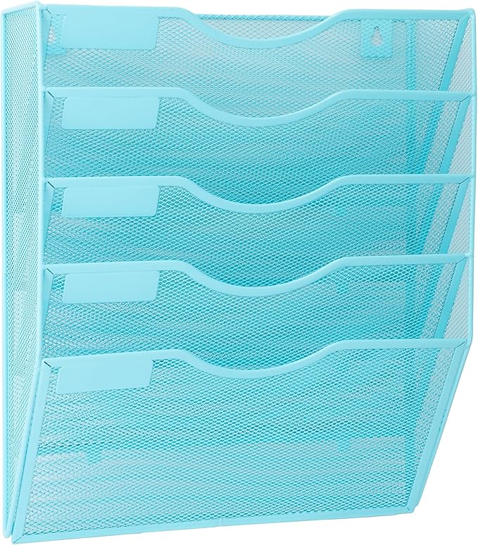 EASEPRES 5 Pocket Mesh Hanging Wall File Organizer, Wall Mounted Mail Paper Document Folder Holder, Clipboard Storage Organization Magazine Rack with Nametag Label for Office Home School, Blue-DeskLoop Office