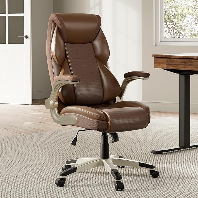 EUREKA ERGONOMIC Executive Office Chair Flip Up Arm Rest, Ergonomic Desk Chair Faux Leather Computer Chair, High Back Office Chair with Headrest, Home Office Desk Chairs with Wheels, Brown-DeskLoop Office