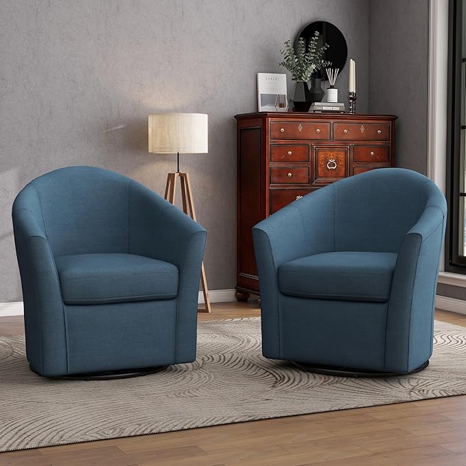 UIXE 360° Swivel Barrel Accent Chairs Set of 2, Modern Round Arm Chair Upholstered Club Armchair, Single Sofa Seating in Fabric for Living Room, Bedroom (Blue)-DeskLoop Office
