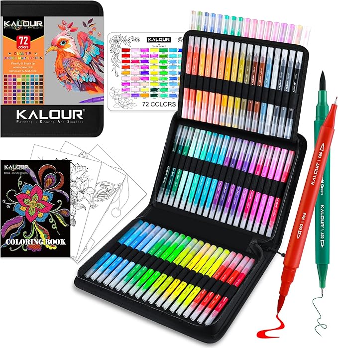 KALOUR 72 Art Markers Pens Set, Dual Tip Brush and Fine Point, Color Number and Name, Zipper Case, Adult Coloring, Lettering, Drawing-DeskLoop Office