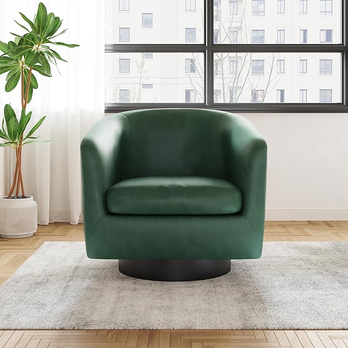 UIXE Faux Leather Swivel Accent Chair with Wood Base, Modern Upholstered Barrel Chairs for Living Room, Comfy Round Armchair Single Sofa Bedroom Reading Seat - 31" W, Green-DeskLoop Office