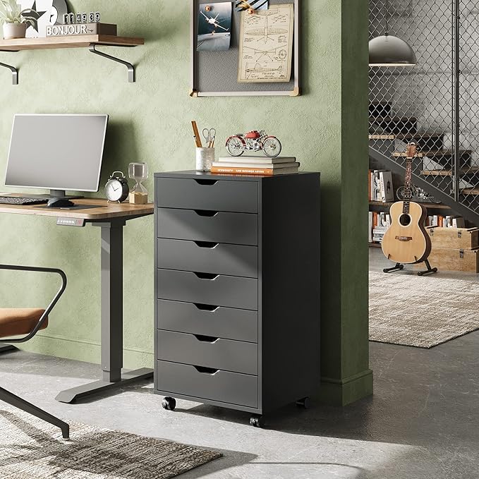 DEVAISE 7-Drawer Chest, Wood File Cabinet with Wheels, Black-DeskLoop Office