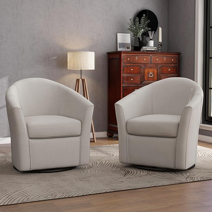 UIXE 360° Swivel Barrel Accent Chairs Set of 2, Modern Round Arm Chair Upholstered Club Armchair, Single Sofa Seating in Fabric for Living Room, Bedroom (Beige)-DeskLoop Office