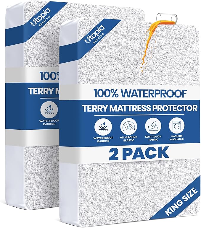 King Size Mattress Protector Waterproof 2 Pack, Premium 200 GSM Terry Mattress by UTOPIABEDDING