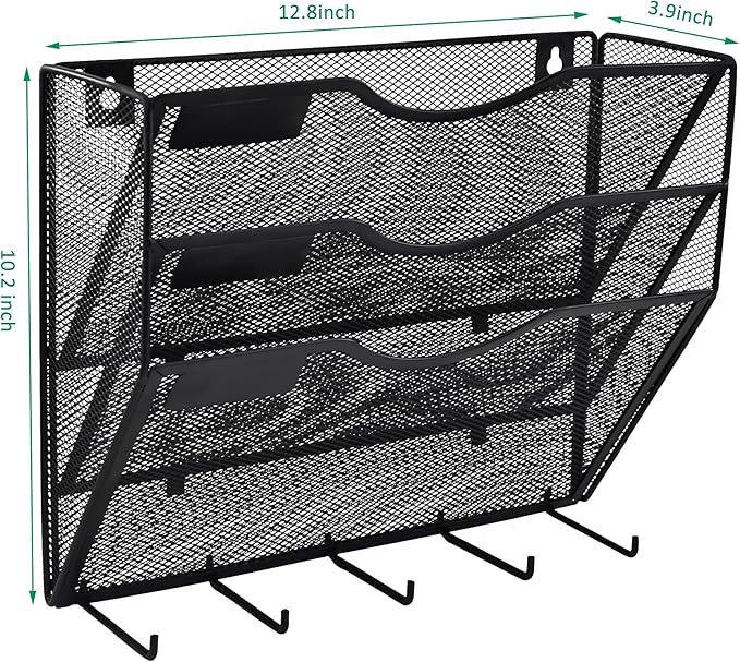 EASEPRES 3 Pocket Mesh Hanging File Organizer with Key Holder Hooks & Nametag Label, Wall Mounted Mail Paper Document Folder Clipboard Storage Organization Magazine Rack for Office Cubicle, Black-DeskLoop Office