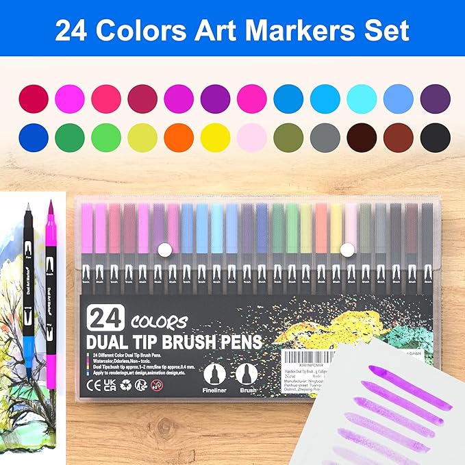 Dual Brush Marker Pens, 24 Colors Art Markers with Fine and Brush Tip Coloring Markers for Adults, Marker for Journaling Calligraphy Drawing Sketching Doodling Illustrating-DeskLoop Office