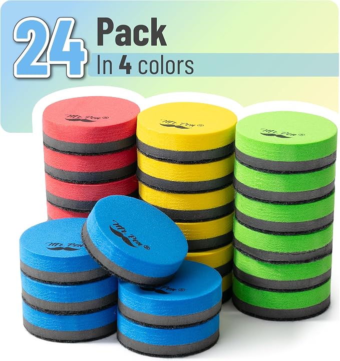 Mr. Pen- Round Magnetic Dry Erase Erasers, 24 Pack | Colorful Small Magnetic - Image 2