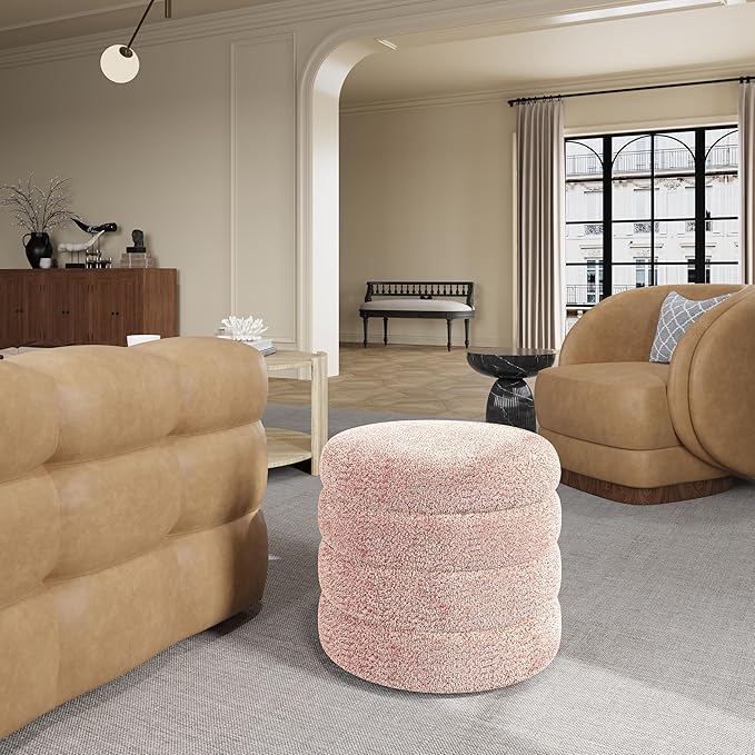 Storage Ottoman, Round Ottoman with Storage, Vanity Stool Foot Rest with Removable Lid, Round Boucle Upholstered for Living Room Pouf Footstool (Pink)-DeskLoop Office