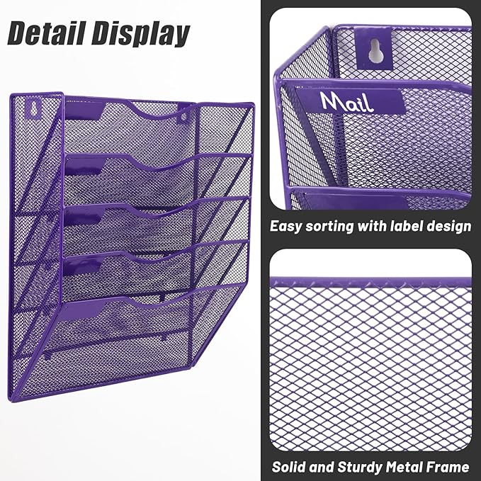 EASEPRES 5 Pocket Mesh Hanging Wall File Organizer, Wall Mounted Mail Paper Document Folder Holder, Clipboard Storage Organization Magazine Rack with Nametag Label for Office Home School, Purple-DeskLoop Office
