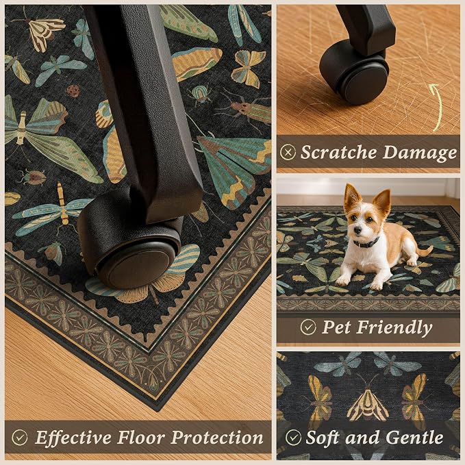 3'x4' Black Office Chair Mat for Hardwood Floors, Insect Boho Design, Non-Slip - Image 5