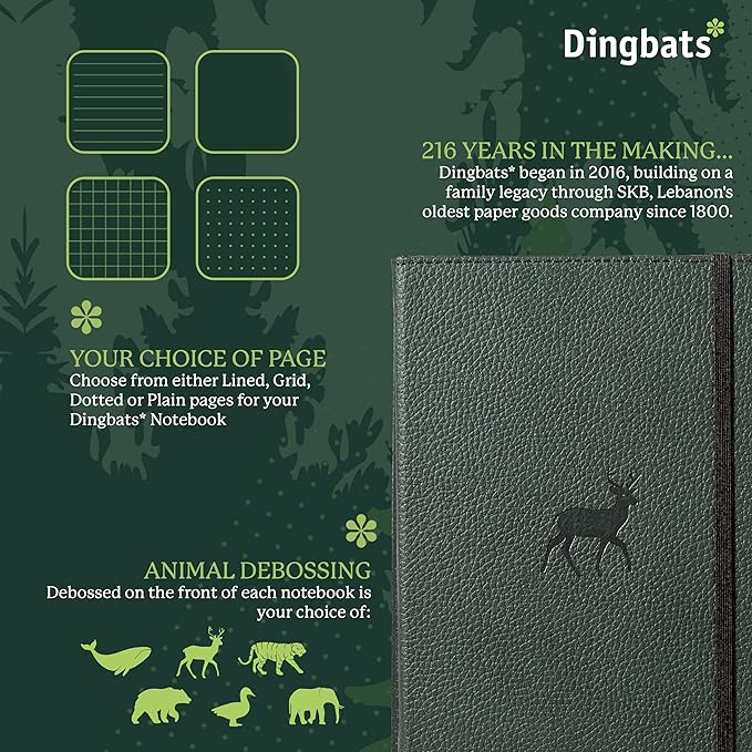 Dingbats* Wildlife Dotted Journal Notebook A5 - Vegan Leather Hard Cover, Ideal for Work, Travel - Pocket, Elastic Closure, Bookmark-DeskLoop Office