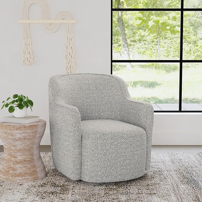 Upholstered 360° Barrel Back Swivel Chair | Accent Chairs for Living Room & Bedroom | Decorative Home Furniture, White Boucle with Gray Yarn-DeskLoop Office