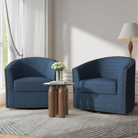 UIXE 360° Swivel Barrel Accent Chair Set of 2, Modern Upholstered Arm Chair Round Club Armchair, Nailhead Trim Single Sofa Seating in Fabric for Living Room - Blue-DeskLoop Office
