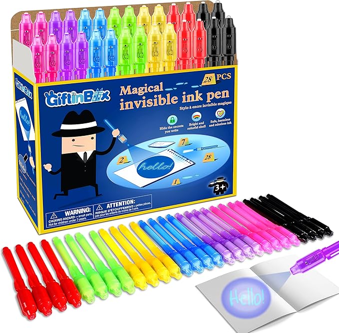 GIFTINBOX Invisible Ink Pen, 28PCS Spy Pen with UV Light for Kids, Birthday Party Favors for Kids 4-8 8-12, Classroom Prize for Students Magic Marker for Secret Message-DeskLoop Office