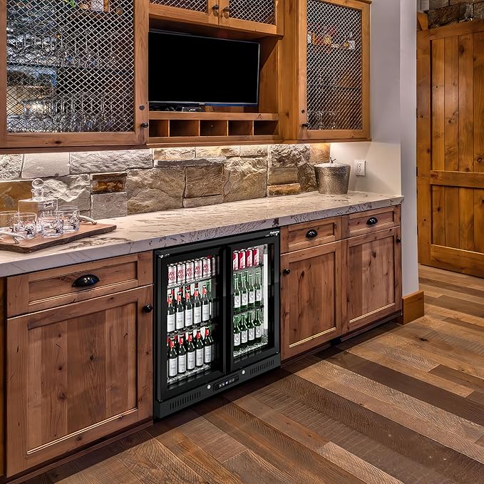 36 inch 206 cans Duo Hinged Door Back Bar Beverage Cooler, 6.75 cu. ft. Under Counter Glass Door Bar Fridge with hinged doors, lockable, 32-50°F Display Refrigerator, ETL Certified, Black-DeskLoop Office