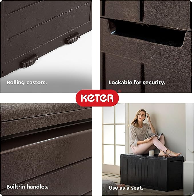Keter Marvel Plus 71 Gallon Resin Outdoor Storage Box for Patio Furniture Cushions, Throw Pillows, Garden Tools and Pool Floats, Brown-DeskLoop Office