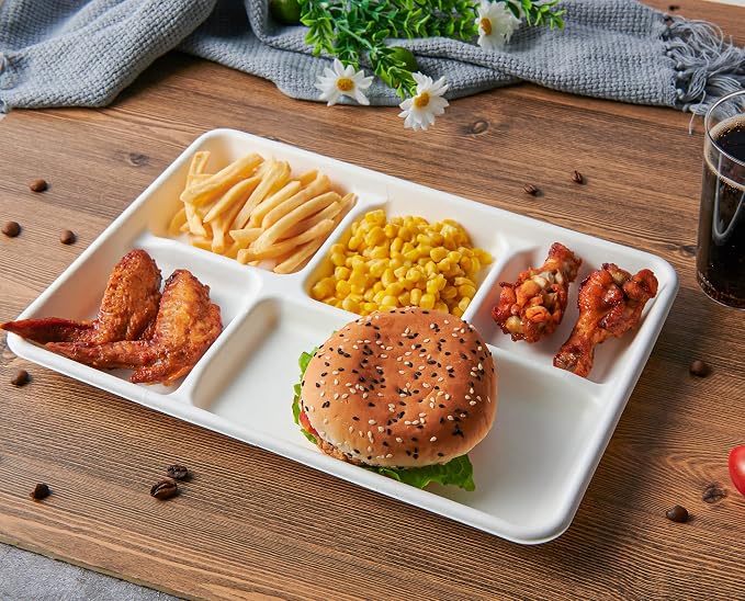 Vplus 100% Compostable 5 Compartment Paper Plates, 100 Pack, 12.5 x 8.6 inch - Image 2