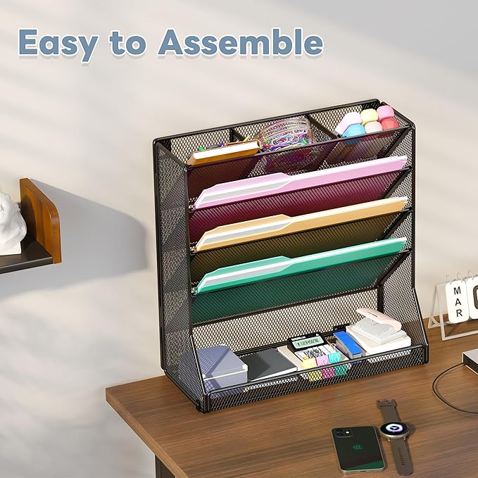 Jakyitvi Wall Mounted File Organizer, Metal Frame Mesh Desktop Sorter | 5-tier - Image 5