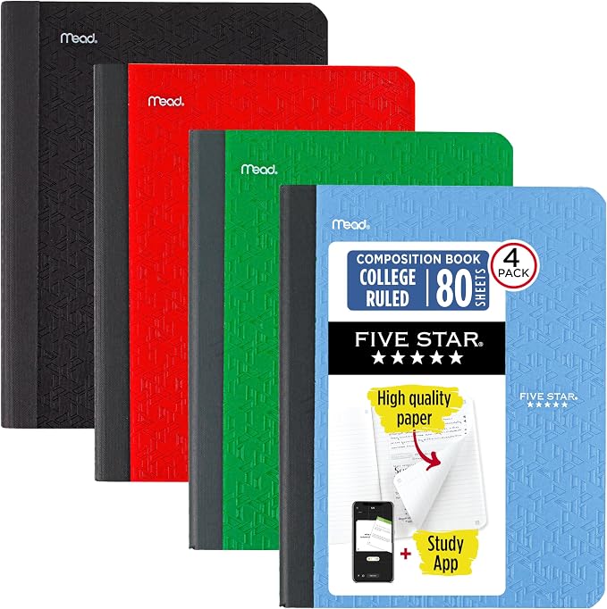 Five Star Composition Book + Study App, 4 Pack, College Ruled Paper, 7-1/2" x by FiveStar