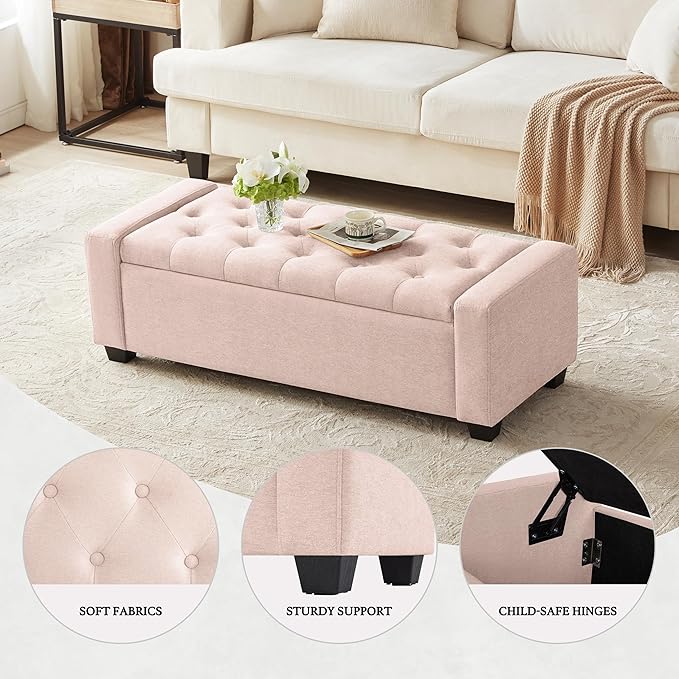 48" Ottoman with Storage, Pink Storage Ottoman Bench with Safety Hinge, Upholstered Entryway Bench with Seating for Bedroom, Living Room, Holds up to 330 lb-DeskLoop Office