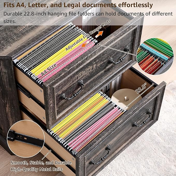 T4TREAM 2 Drawer File Cabinet-30 Wide Wooden Extended Desktop, Farmhouse Filing Cabinet with Smooth Rails, Holds Letter/Legal/A4, Hexagonal Design & Framed Drawer Fronts, Reclaimed Barnwood-DeskLoop Office