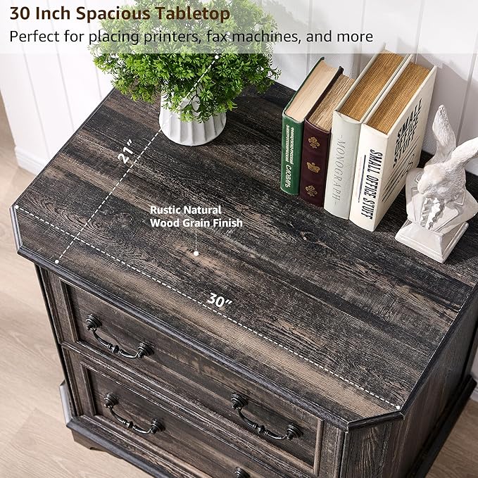 T4TREAM 2 Drawer File Cabinet-30 Wide Wooden Extended Desktop, Farmhouse Filing Cabinet with Smooth Rails, Holds Letter/Legal/A4, Hexagonal Design & Framed Drawer Fronts, Dark Rustic Oak-DeskLoop Office