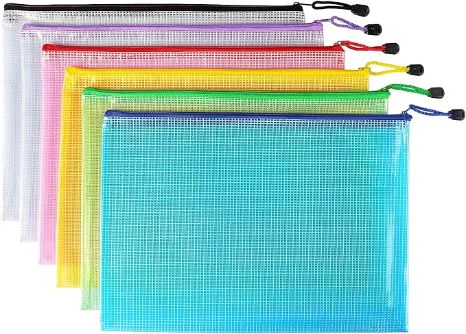 6 Pack Mesh Zipper Pouch Bags, Waterproof Zipper Pouch A4 Size | Zip File by Tamaki