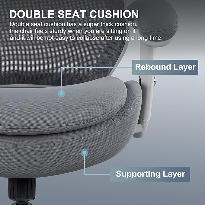 400lbs Double Seat Cushion Office Chair Soft Armrests Executive Ergonomic Computer Desk Chair with Lumbar Support (Grey Frame Grey Fabric)-DeskLoop Office