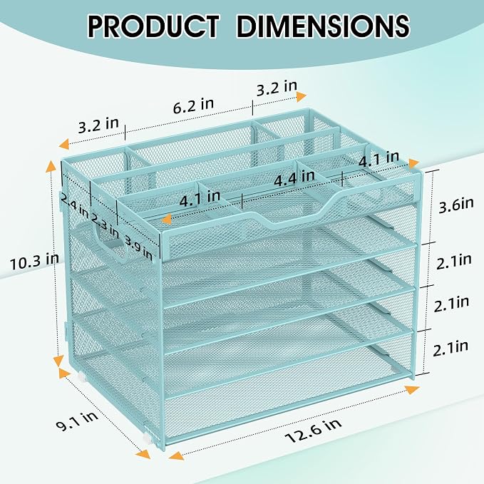 5 Tier Paper Letter Tray with 3 Drop-in Pen Holders, Mesh Desk File Organizer - Image 2