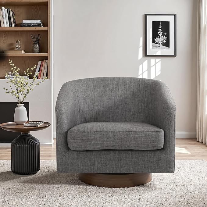 UIXE Swivel Accent Chair with Wood Base, Fabric Upholstered Barrel Chairs for Living Room, Comfy Round Armchair Single Sofa Bedroom Reading Seat - 31" W, Gray-DeskLoop Office