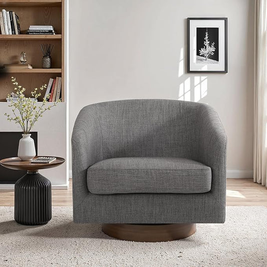 UIXE Swivel Accent Chair with Wood Base, Fabric Upholstered Barrel Chairs for Living Room, Comfy Round Armchair Single Sofa Bedroom Reading Seat - 31" W, Gray-DeskLoop Office