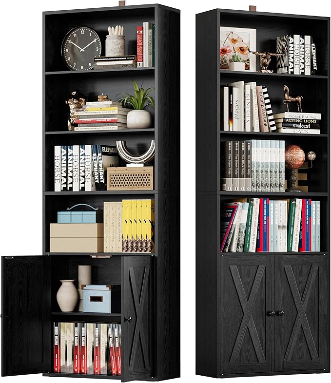IRONCK Industrial Bookshelves and Bookcases with Doors Set of 2 Floor Standing 6 Shelf Display Storage Shelves 70 in Tall Bookcase for Home Office, Living Room-DeskLoop Office