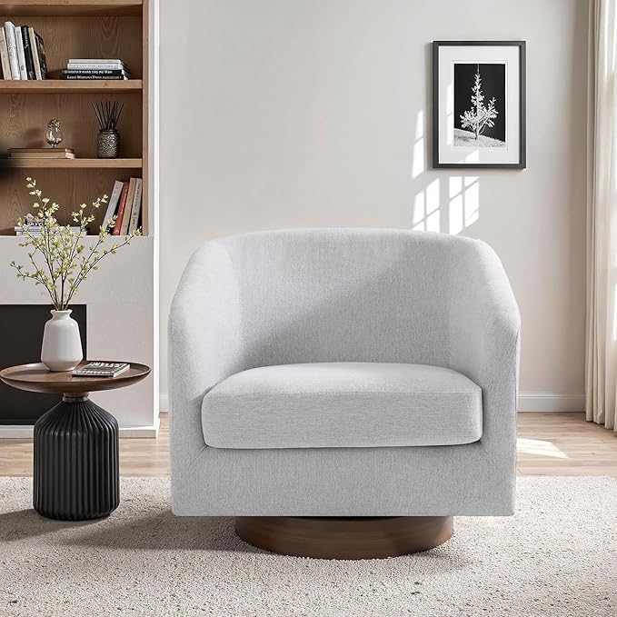 UIXE Swivel Accent Chair with Wood Base, Chenille Upholstered Barrel Chairs for Living Room, Comfy Round Armchair Single Sofa Bedroom Reading Seat - 31" W, Beige-DeskLoop Office