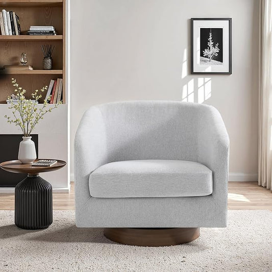 UIXE Swivel Accent Chair with Wood Base, Chenille Upholstered Barrel Chairs for Living Room, Comfy Round Armchair Single Sofa Bedroom Reading Seat - 31" W, Beige-DeskLoop Office