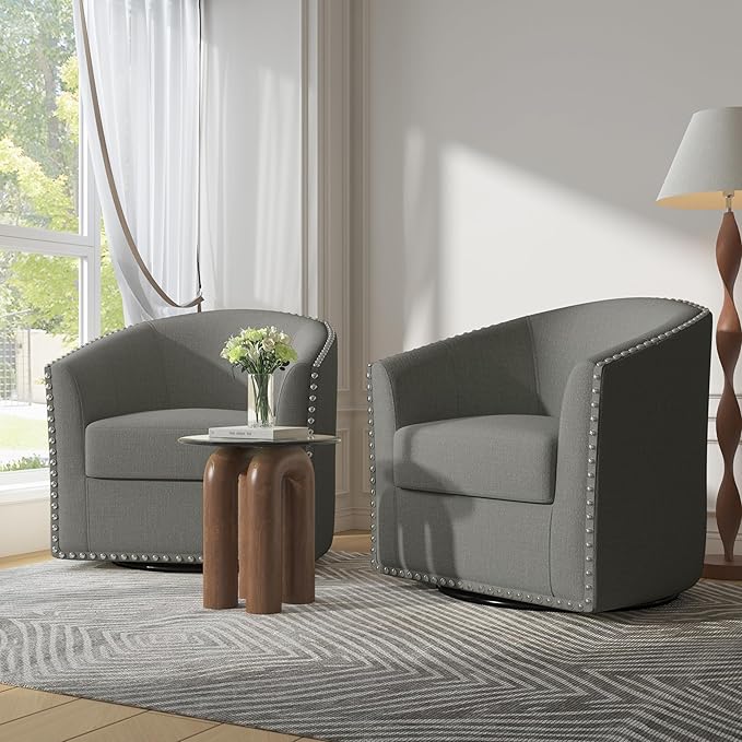 UIXE 360° Swivel Barrel Accent Chair Set of 2, Modern Upholstered Arm Chair Round Club Armchair, Nailhead Trim Single Sofa Seating in Fabric for Living Room - Light Gray-DeskLoop Office