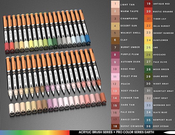 36 Flexible Brush Tip Earth Tones Acrylic Paint Pens Markers Set 1-7mm Line for Rock Painting, Brush Lettering, Glass, Mugs, Wood, Metal, Canvas, Fabric, Plastic. Non Toxic Waterbased Quick Drying-DeskLoop Office