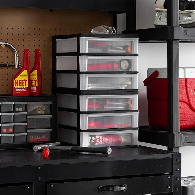 IRIS USA Plastic Stacking Desk Top 3-Drawer Storage Organizer, 2-Pack, for Makeup Vanity Nail Polish Bathroom Stationery Art Craft Supplies Kitchen Office Garage and Small Organization, Medium, Black-DeskLoop Office