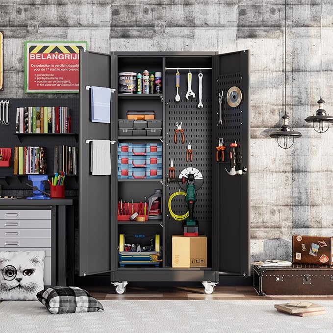 Garage Storage Cabinet with Wheels, Metal Tool Cabinet with Pegboards and 4 Adjustable Shelves, Garage Storage System with Lockable Door for Shools, Offices, Gyms and Pantries, Black-DeskLoop Office