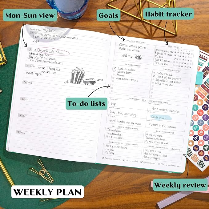 Legend Planner PRO – Deluxe Weekly & Monthly Life Planner to Increase Productivity and Hit Your Goals. Time Management Organizer Notebook – Undated – 7 x 10" Hardcover + Stickers – Mint Green-DeskLoop Office