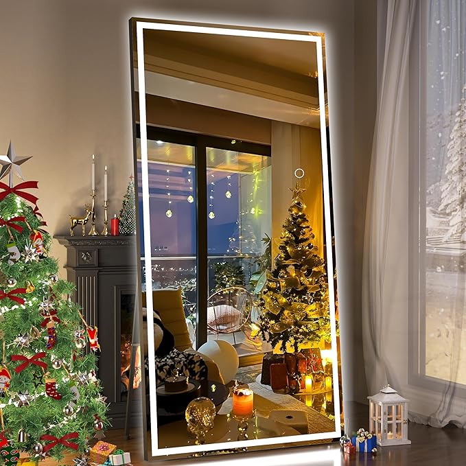Hasipu Full Length Mirror with Lights, 79" x 32" LED Lighted Floor Standing Mirror, Full Body Dressing Hanging Mounted Mirrors, Dimmable, Tempered Glass, Safe to Use, Square Black-DeskLoop Office