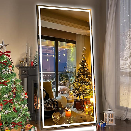 Hasipu Full Length Mirror with Lights, 79" x 32" LED Lighted Floor Standing Mirror, Full Body Dressing Hanging Mounted Mirrors, Dimmable, Tempered Glass, Safe to Use, Square Black-DeskLoop Office