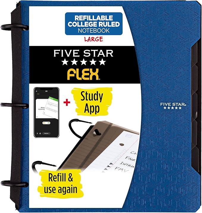 Five Star Flex Refillable Notebook + Study App, College Ruled Paper and 1 Inch TechLock Ring Binder with Pockets, Tabs and Dividers, 200 Sheet Capacity, Pacific Blue (293280AD2)-DeskLoop Office